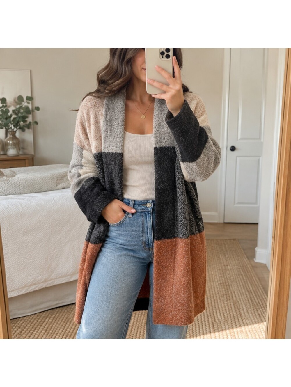 Wool-blend Color Block Open Front Cardigan Sweater